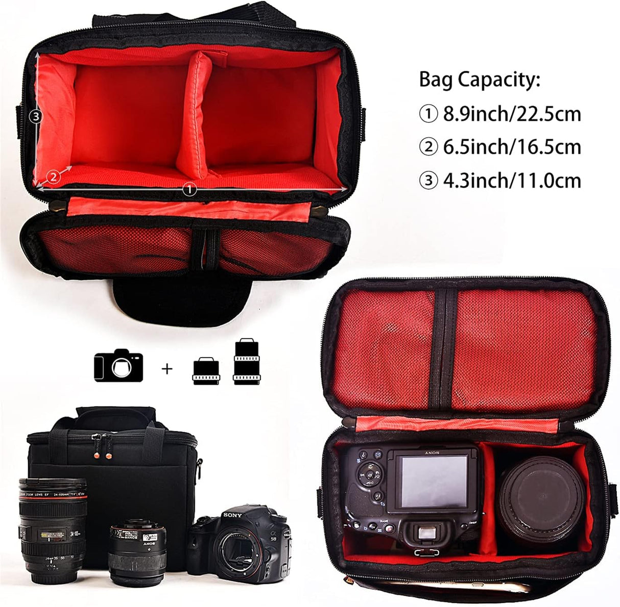 FOSOTO Shockproof Waterproof DSLR SLR Camera Case Bag Shoulder Bag for 1 Camera, 1 or 2 Lenses and Photo Accessories for Canon 700D 1200D 600D, Nikon Sony a7 II a6400, Panasonic 